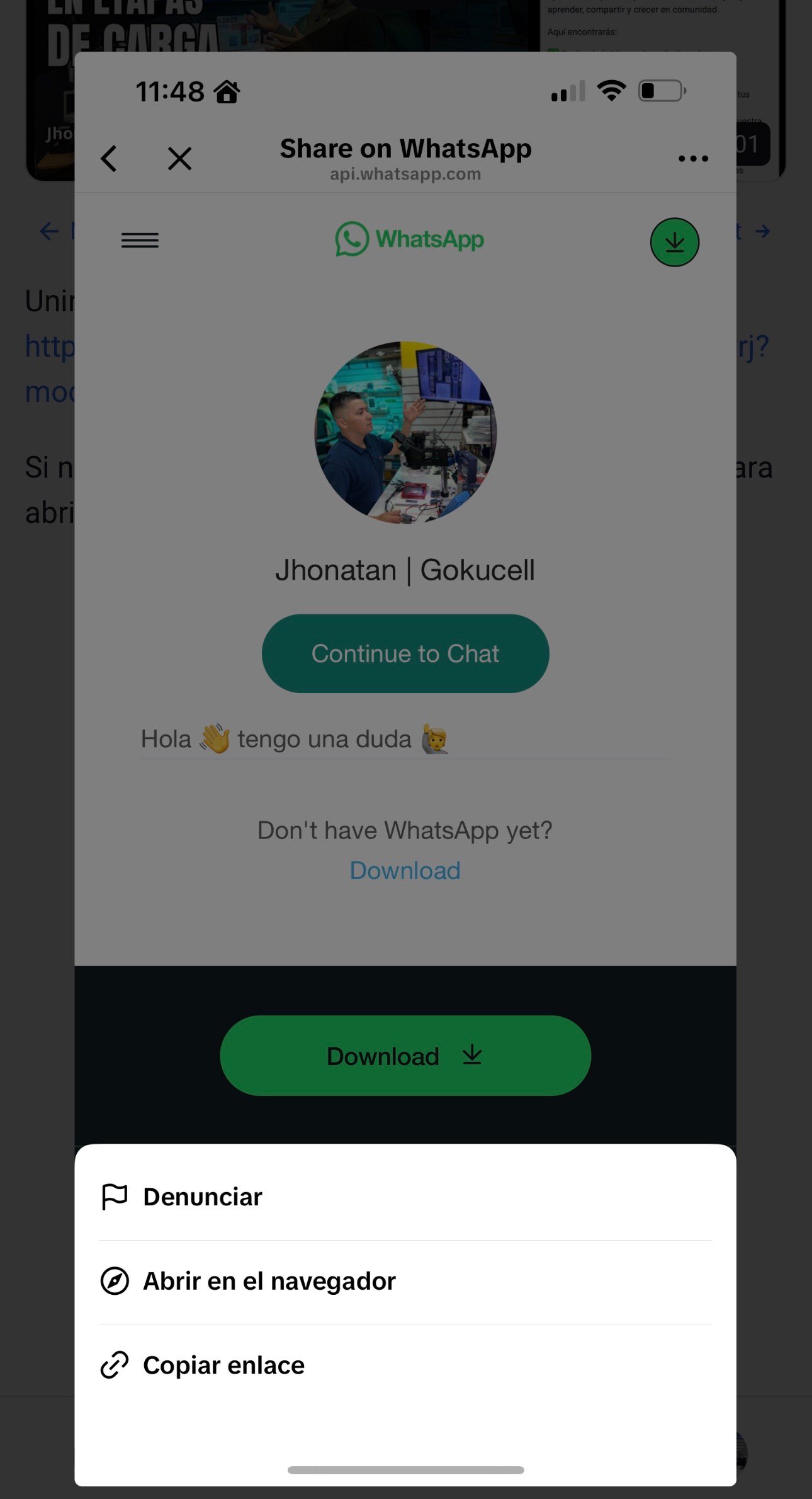 Ejemplo de cómo elegir Abrir en el navegador cuando WhatsApp no abre
